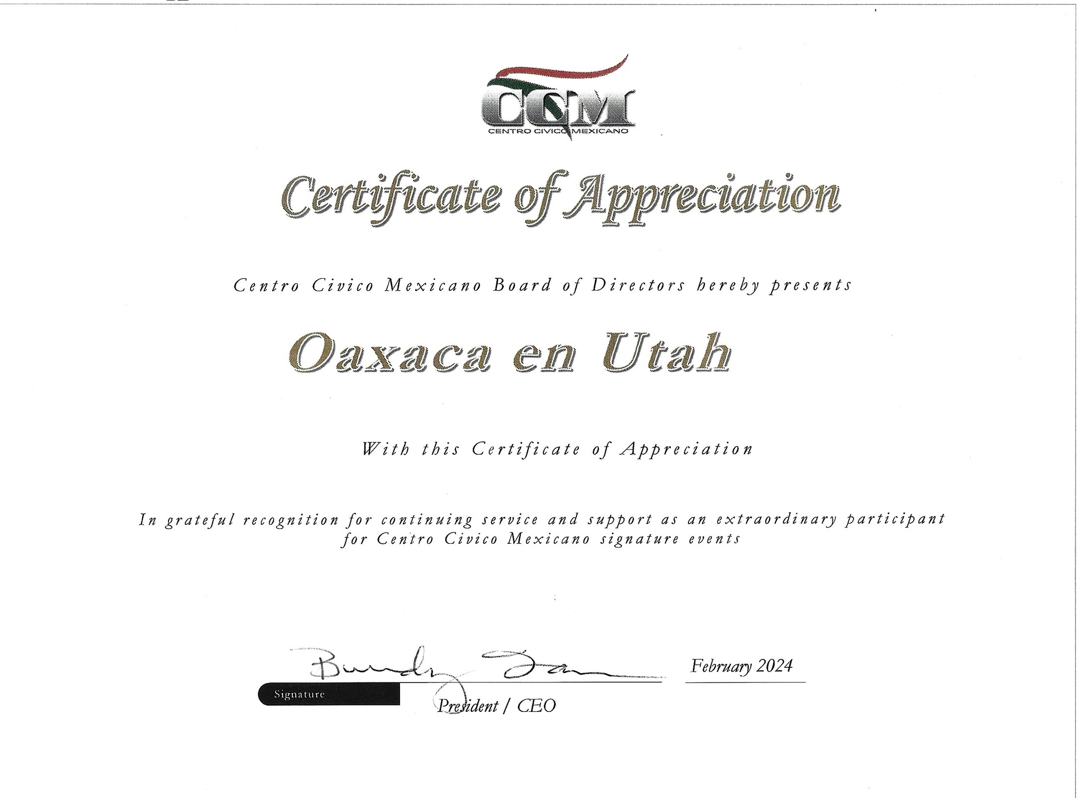 Certificado de agradecimiento de febrero de 2024 de Centro Cívico Mexicano a Oaxaca en Utah