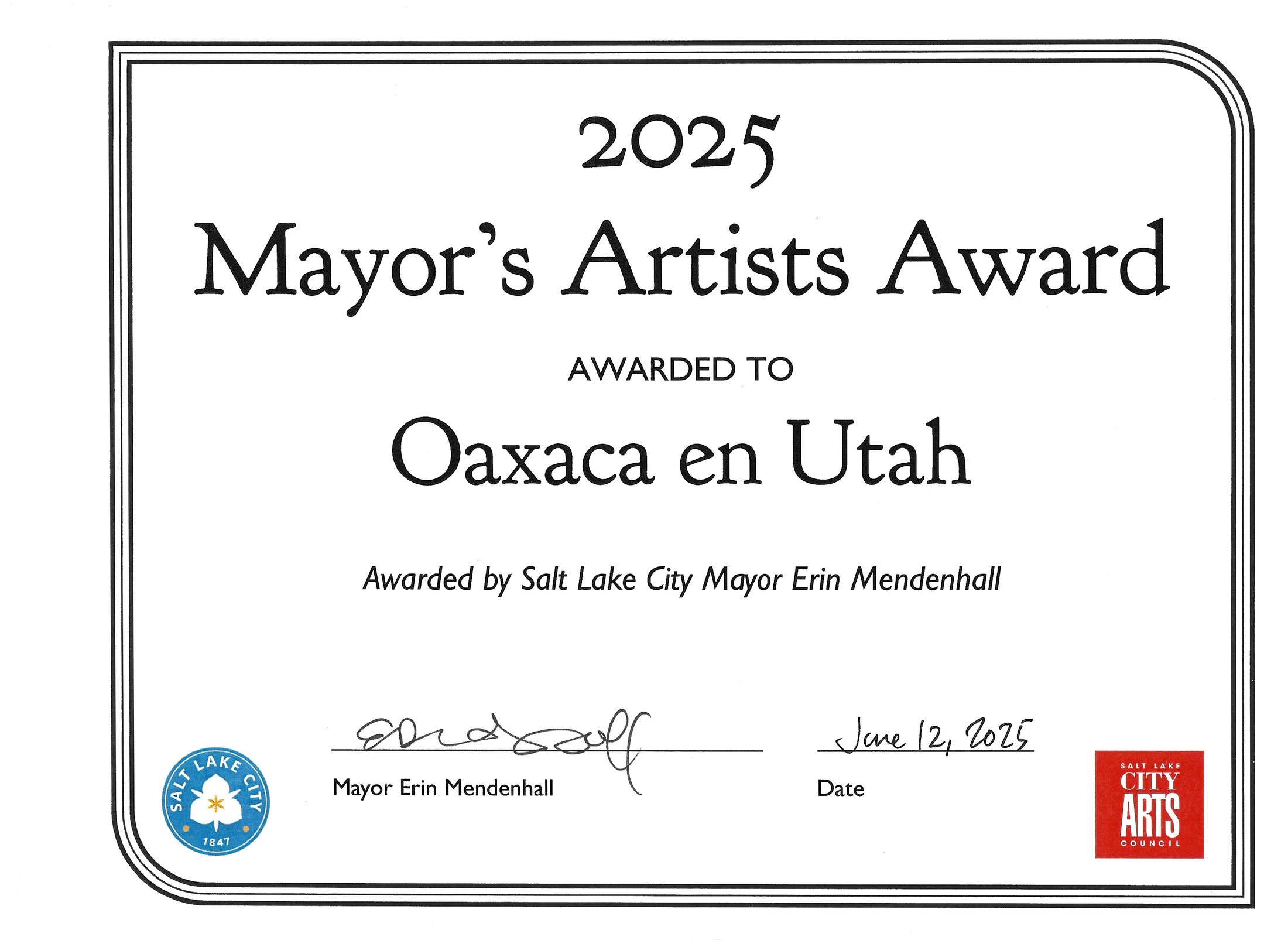 Certificado Mayor's Artists Award 2025 entregado a Oaxaca en Utah por la alcaldesa de Salt Lake City Erin Mendenhall
