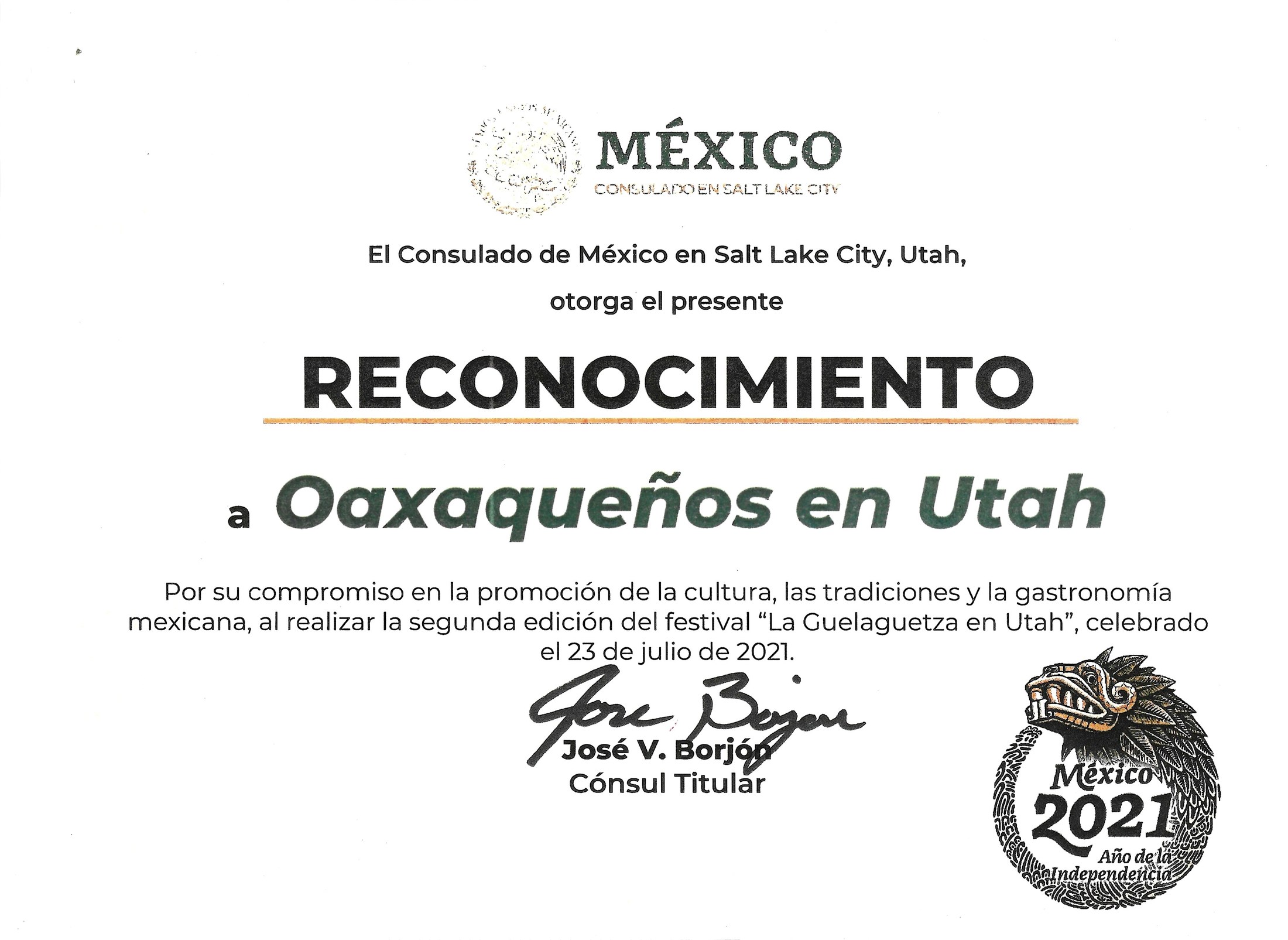 Certificado de reconocimiento de 2021 del Consulado de México en Salt Lake City a Oaxaqueños en Utah