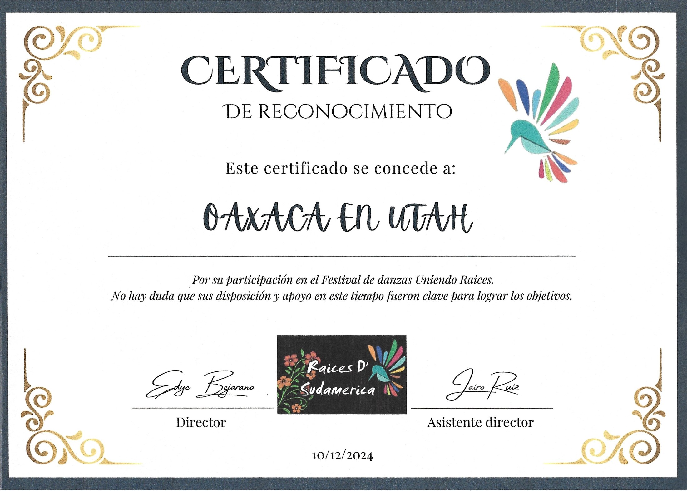 Certificado de participación de octubre de 2024 para Oaxaca en Utah en el festival de danza Uniendo Raíces