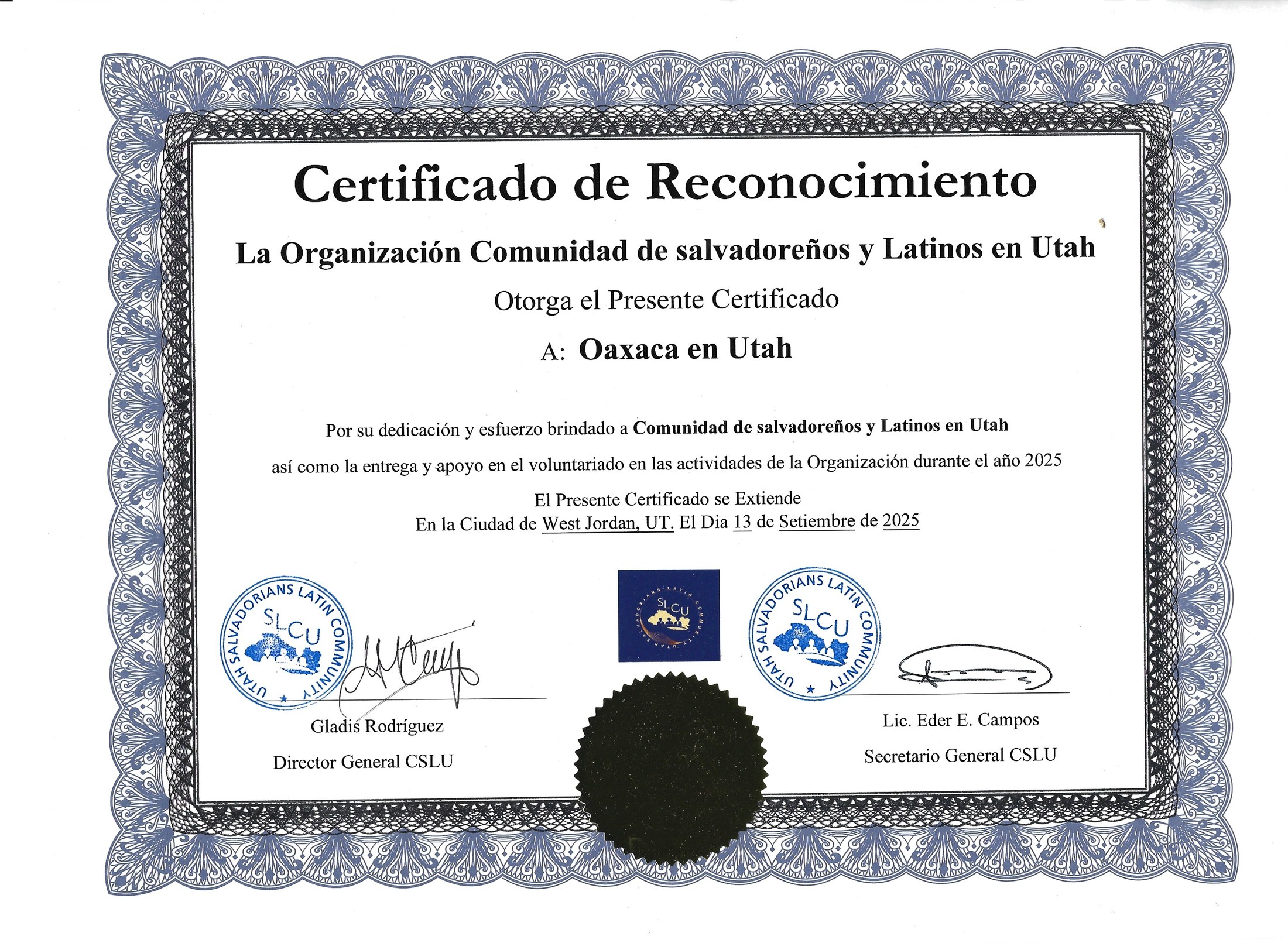 Certificado de reconocimiento de septiembre de 2025 de Comunidad de Salvadoreños y Latinos en Utah a Oaxaca en Utah