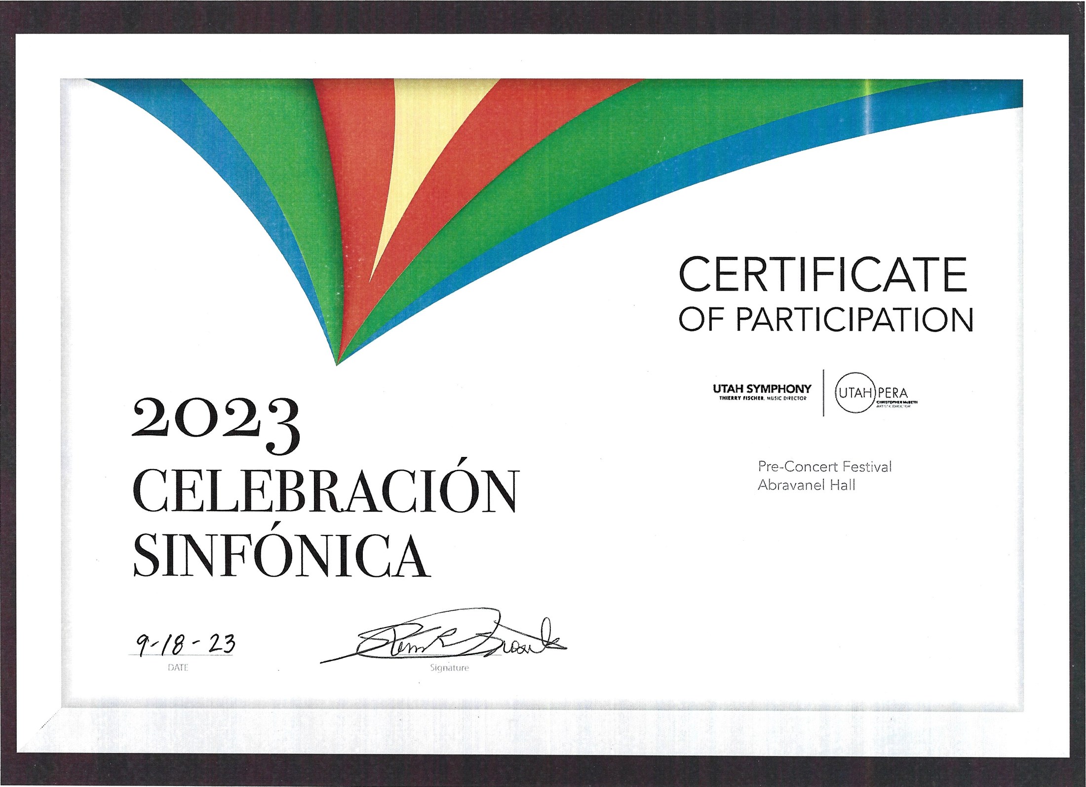Certificado de participación de Celebración Sinfónica 2023 de Utah Symphony y Utah Opera