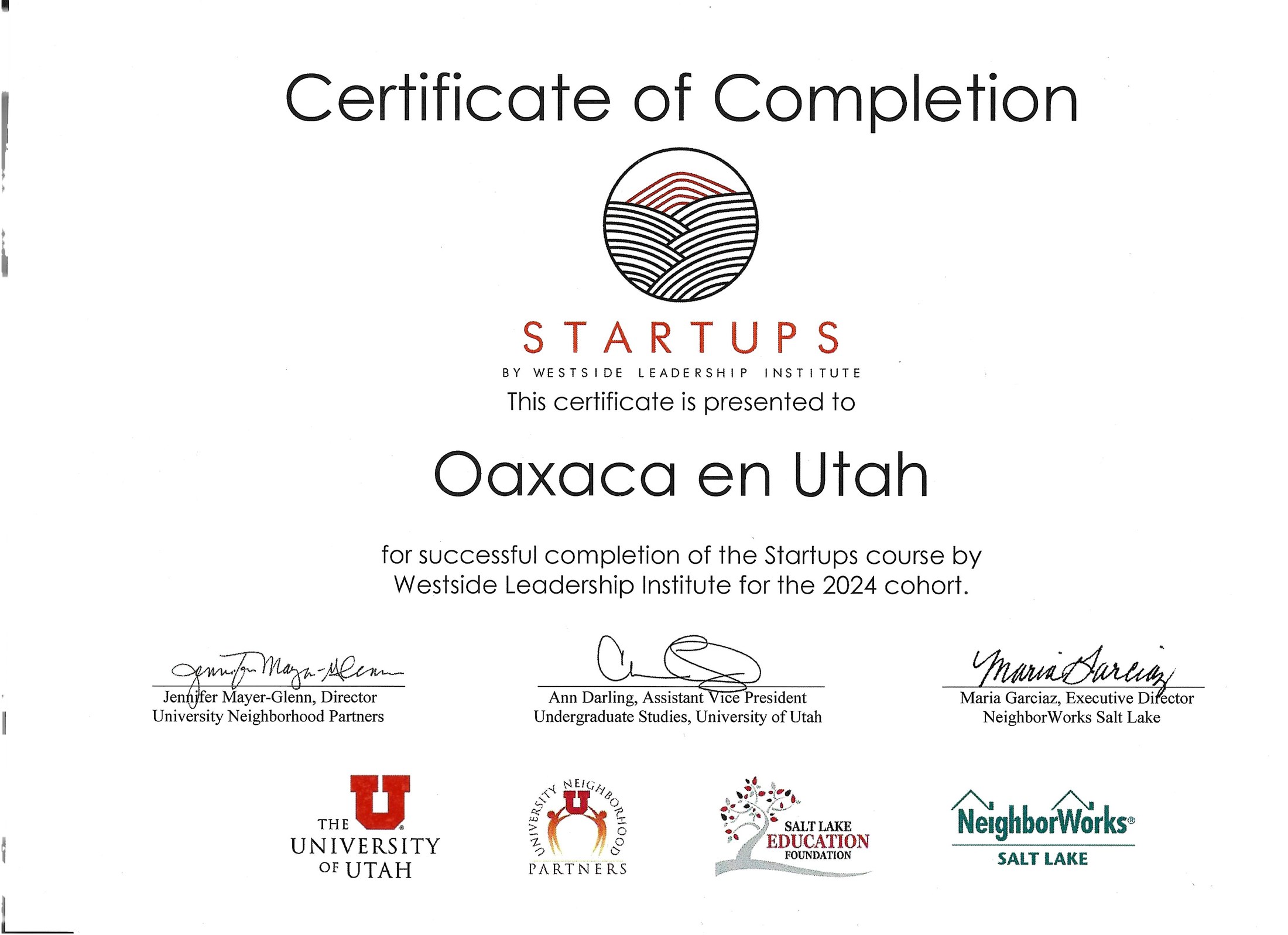 Certificado de Westside Leadership Institute por la finalización del curso Startups 2024 de Oaxaca en Utah